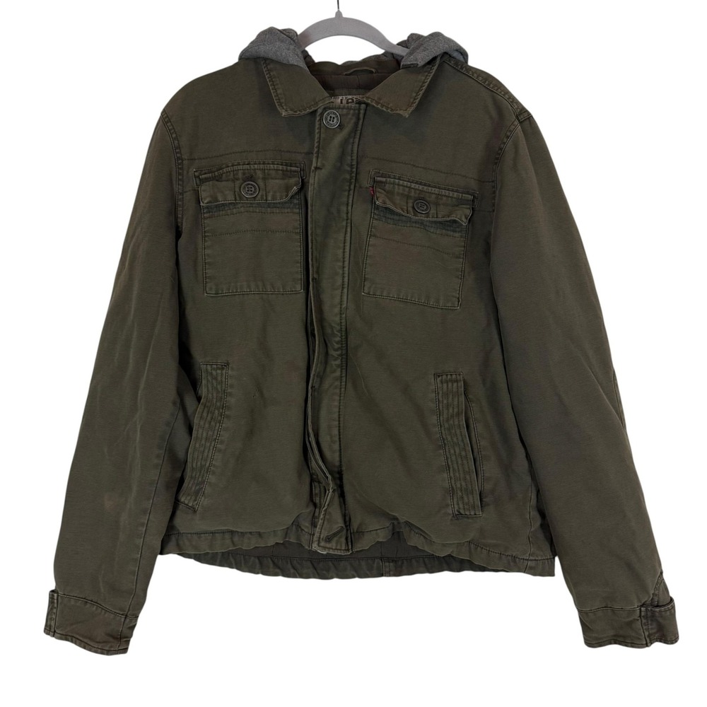 Levi's Jacket Mens Medium Green Canvas Hooded Lined Full Zip Military Outdoor